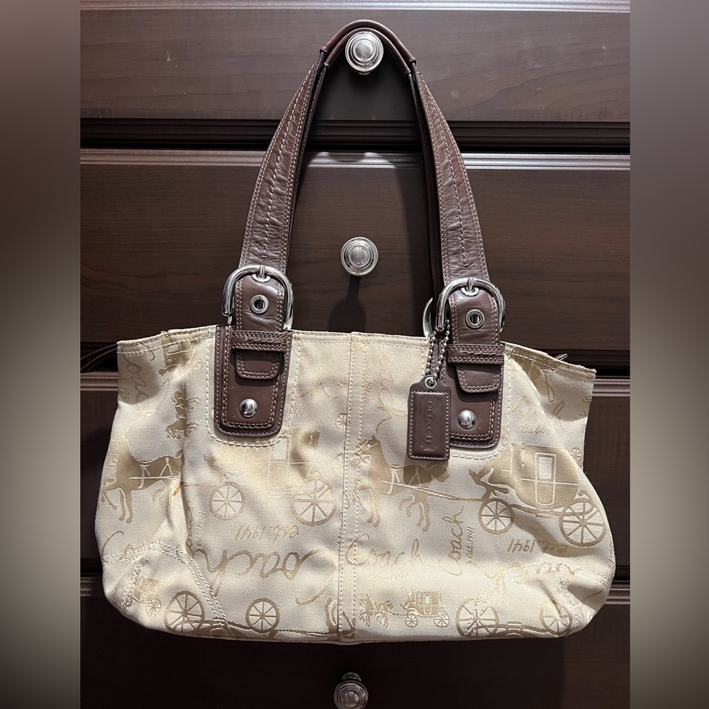 COACH Coach Soho Pleated Horse & Carriage Tote Bag F13771 Canvas Leather Brown